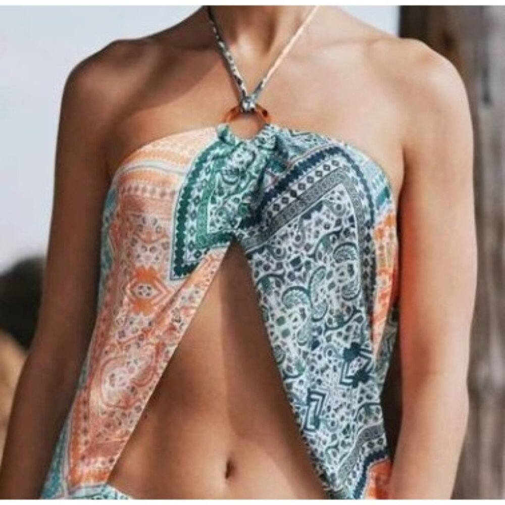 Anthropologie Split Halter Swim Cover Up Maxi Top With Boho Pattern - Picture 1 of 15